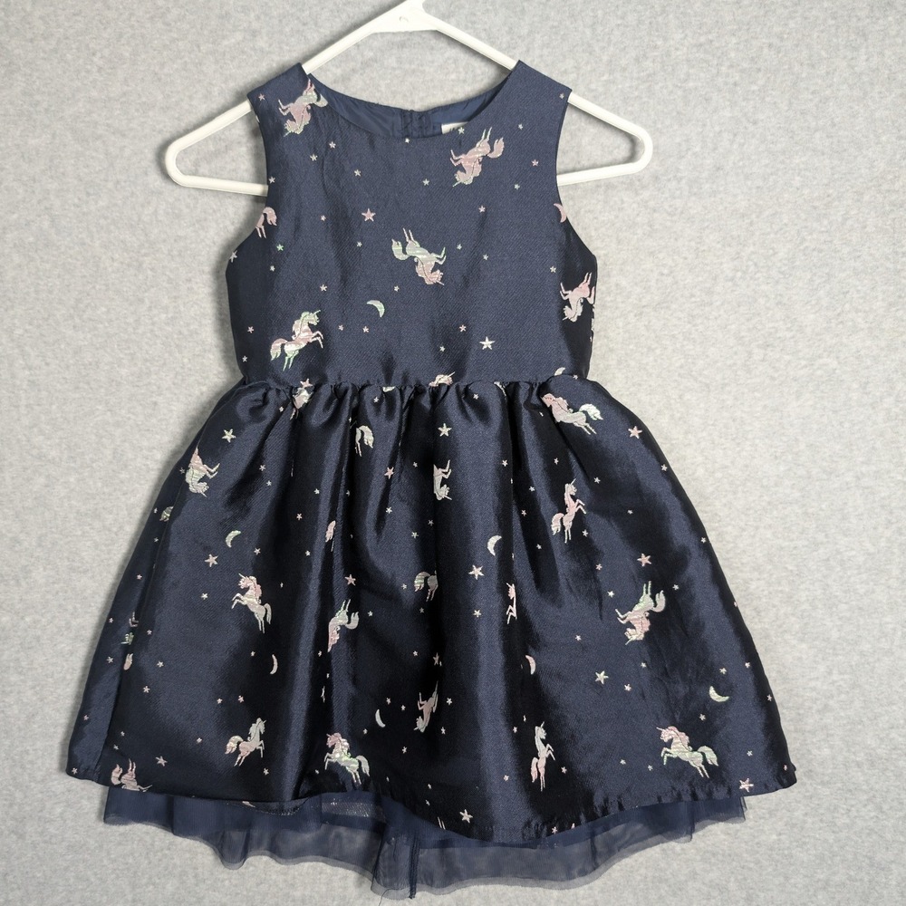 H&M Girls Dress Navy Blue Metallic Unicorn Star Moon Party Size 5-6Y Celestial